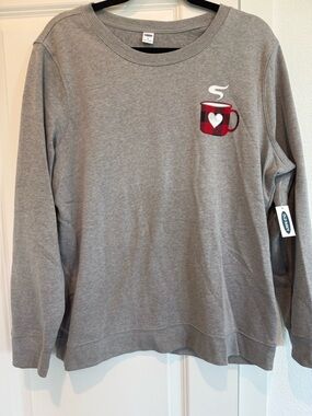 Old Navy Gray Crewneck Sweatshirt with Red Plaid Mug Patch